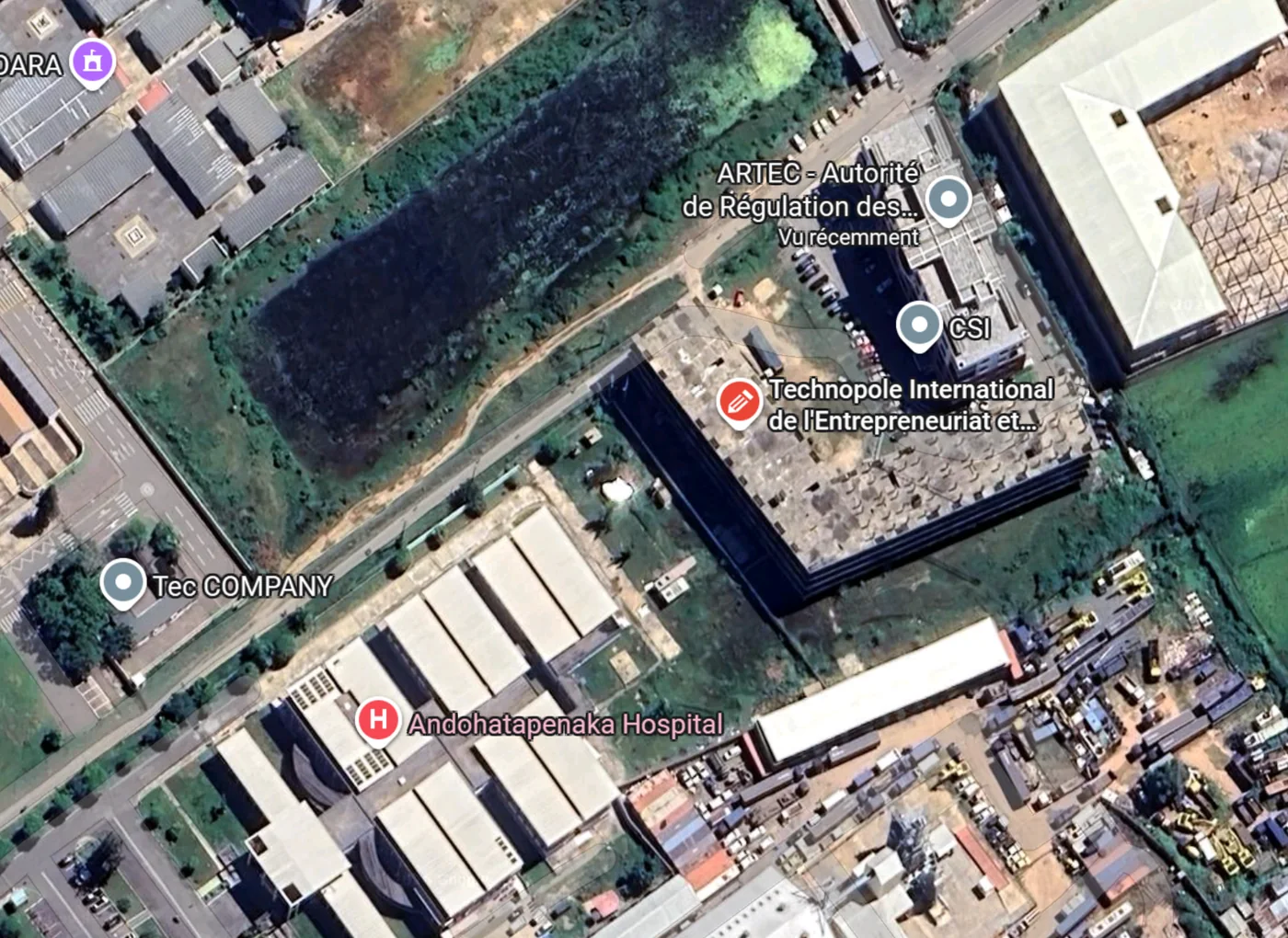 Vue satellite du site identifié au Village Voara, reprise du site Technopole.